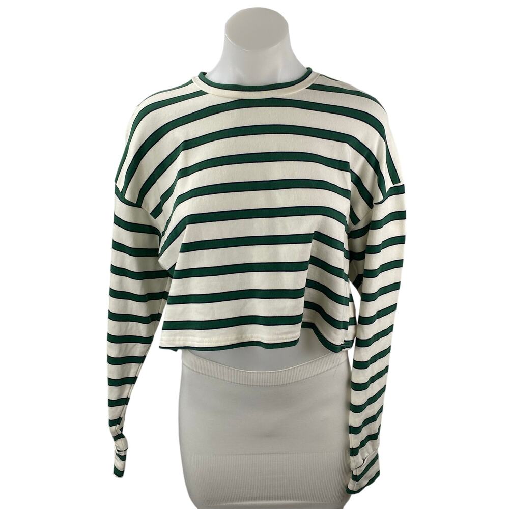 All The Ways Women's Green White Striped Long Sleeve Boxy T Shirt Tee Top Size S